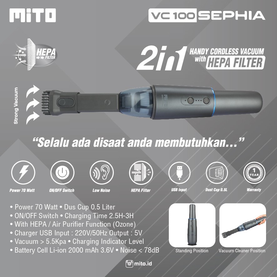 Mito Vacum Cleaner VC100 Sephia Penyedot Debu - White &amp; Black VC 100