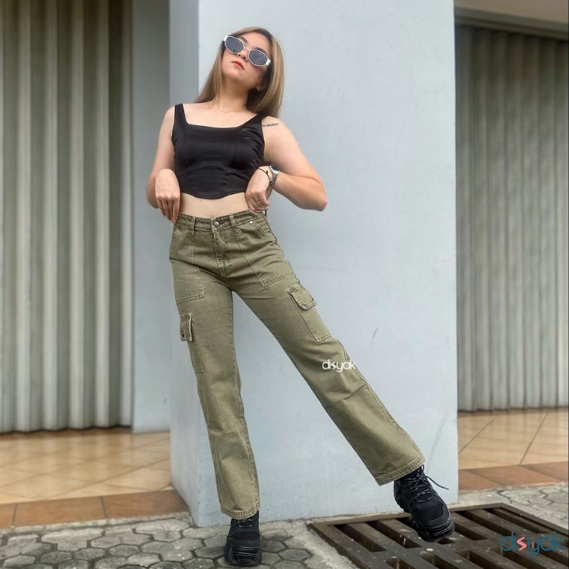 DISYAK - Boyfriend Cargo Jeans Army Brown 714-814