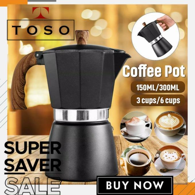 

[ COD ] BLACK MOKA POT ALUMINIUM WOOD HANDLE COFFEE ESPRESSO MAKER MOKAPOT KOMPLIT Kode 1170