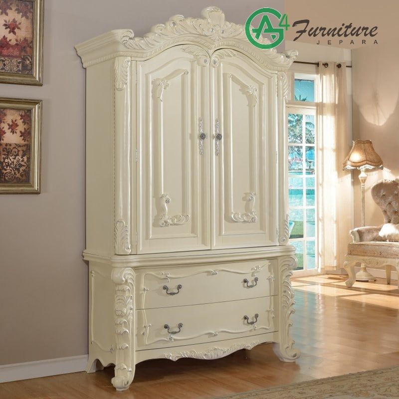 Lemari Tv Elegan Ukiran Jepara Duco Putih - Kayu Mahoni