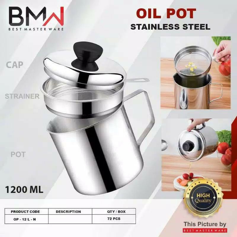 Wadah minyak jelantah BESAR 1,2liter tempat bekas minyak goreng BMW ORIGINAL STAINLESS STEEL OIL POT
