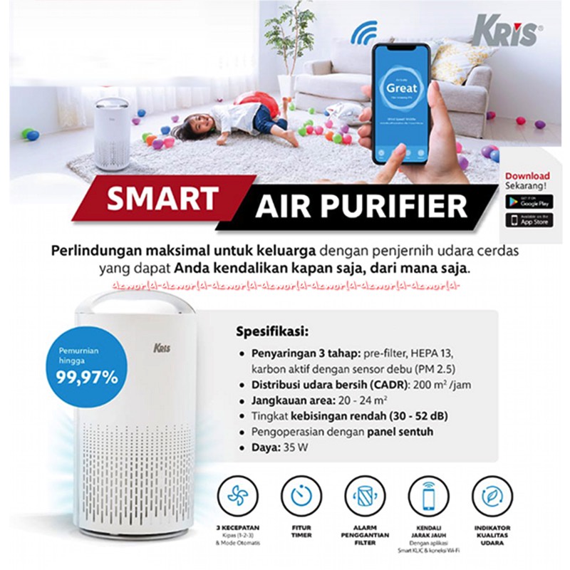 Kris Air Smart Purifier Dengan Tuya Wifi White Putih 3tahap Filter Hp Aplikasi Smart Phone Krisair