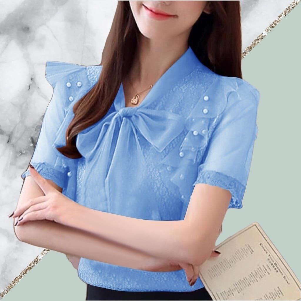 Baju wanita/cewe BLOUSE MEGUMI BAJU ATASAN BAHAN BRUKAT TILE FURING DAN MUTIARA / PAKAIAN PESTA TERLARIS