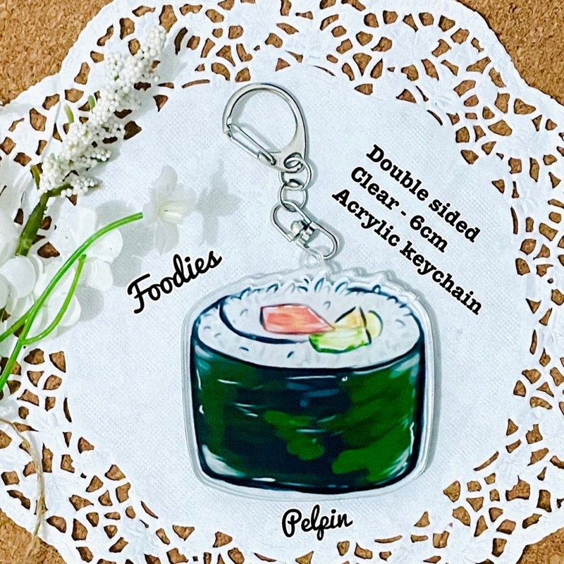 gantungan kunci original design foodies 6cm bening 2 sisi clear sushi ramen boba kelepon burger