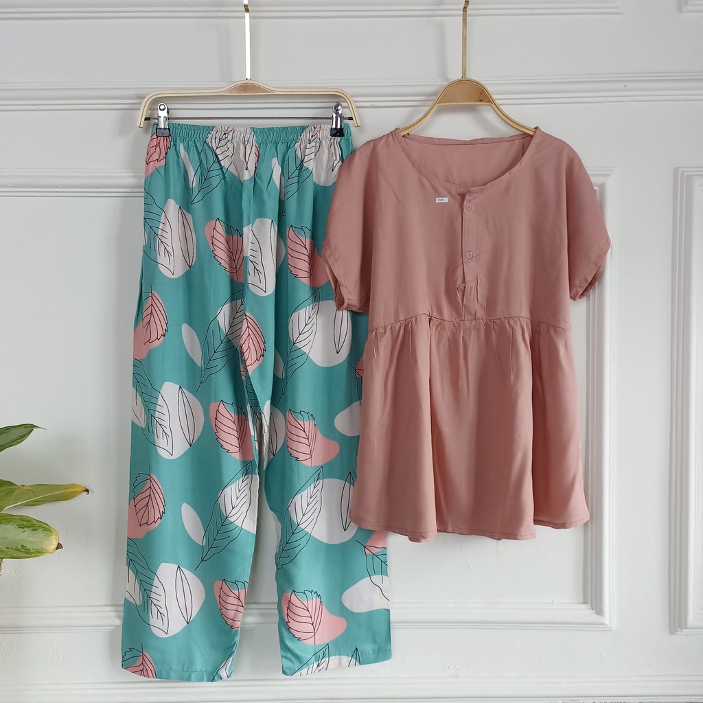 SETELAN BAJU TIDUR PIYAMA WANITA ONE SET PAJAMAS RUFFLE KANCING BUSUI CELANA PANJANG-BBR 5