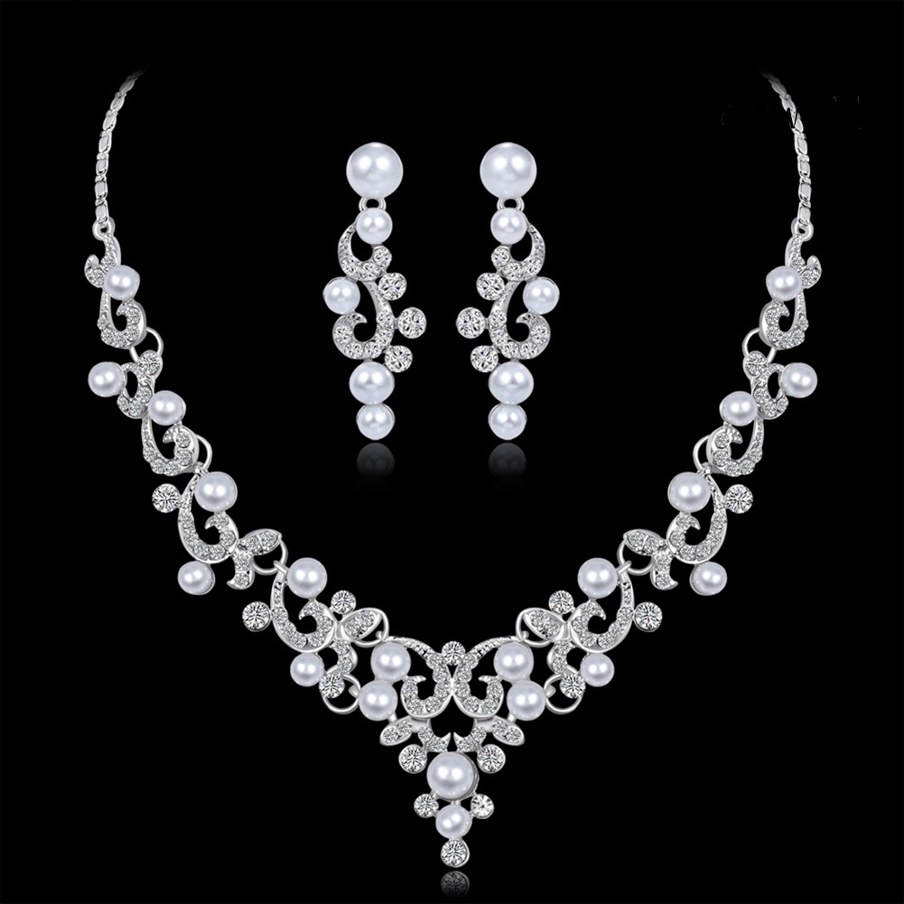 OW@ Fashion Alloy Rhinestone Faux Pearl Necklace Earrings Women Bride Jewelry Set