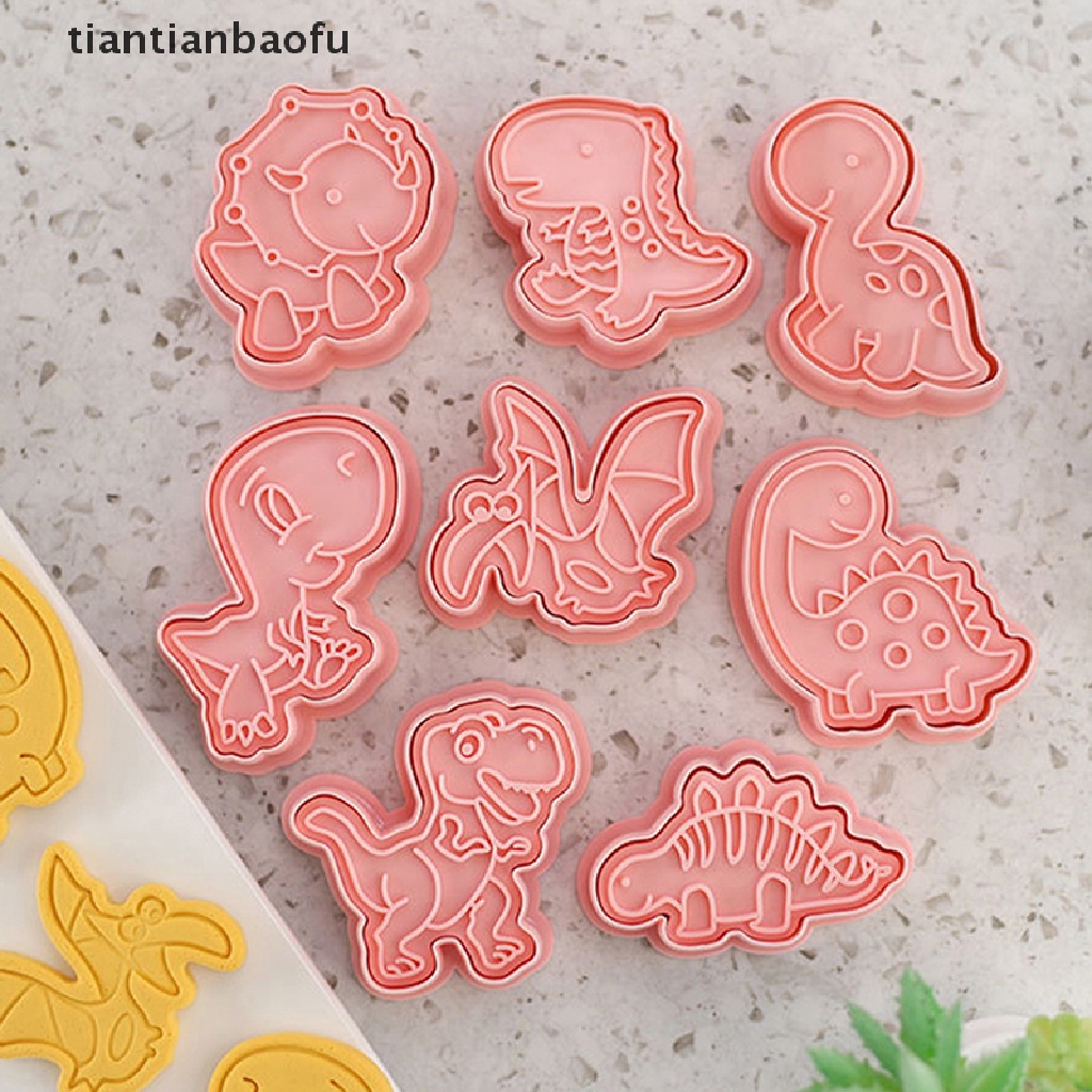 8pcs / Set Cetakan Kue / Biskuit Bentuk Kartun Dinosaurus 3D Bahan Plastik Untuk Alat Dapur Cetakan Kue DIY