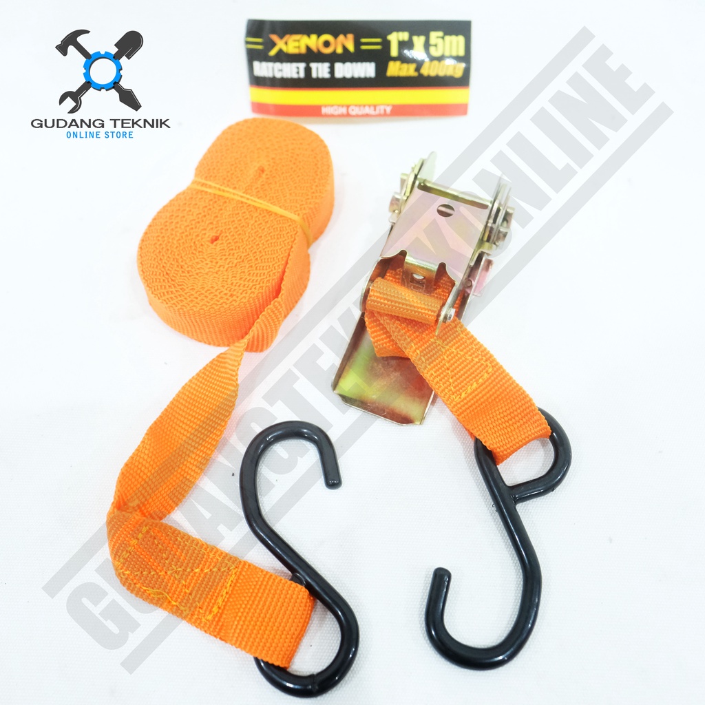 Tali Pengikat Barang 1Tx5M XENON / Ratchet Tie Down 1Ton x 5Meter - Lashing Belt Ratchet Tie 400Kg XENON