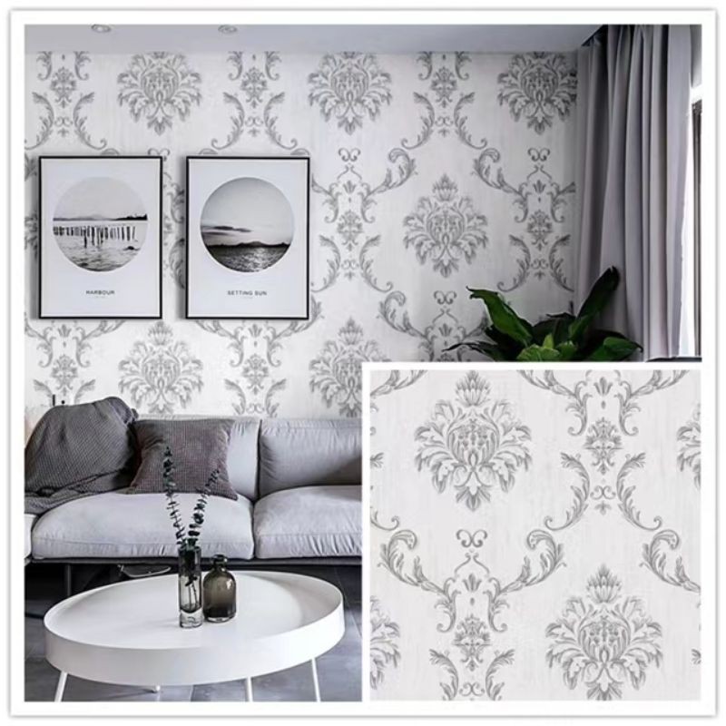 Wallpaper stiker dinding motif batik silver dasar putih