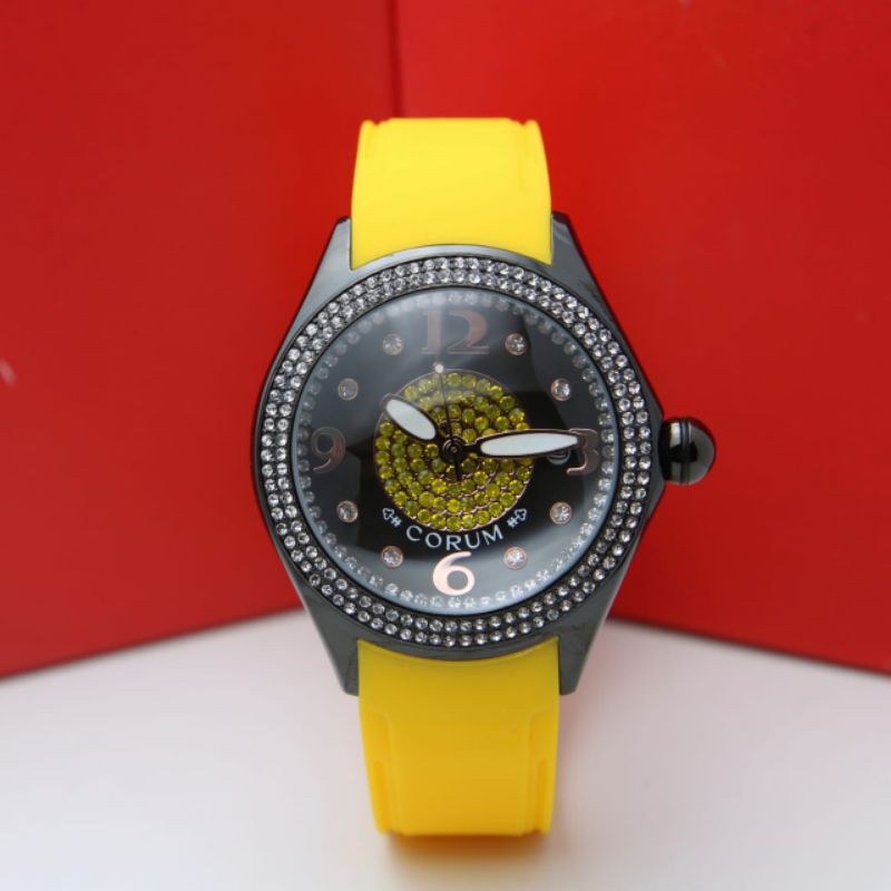 Jual Jam Tangan Corum Cewek Terbaru Tali Rubber Casing Hitam