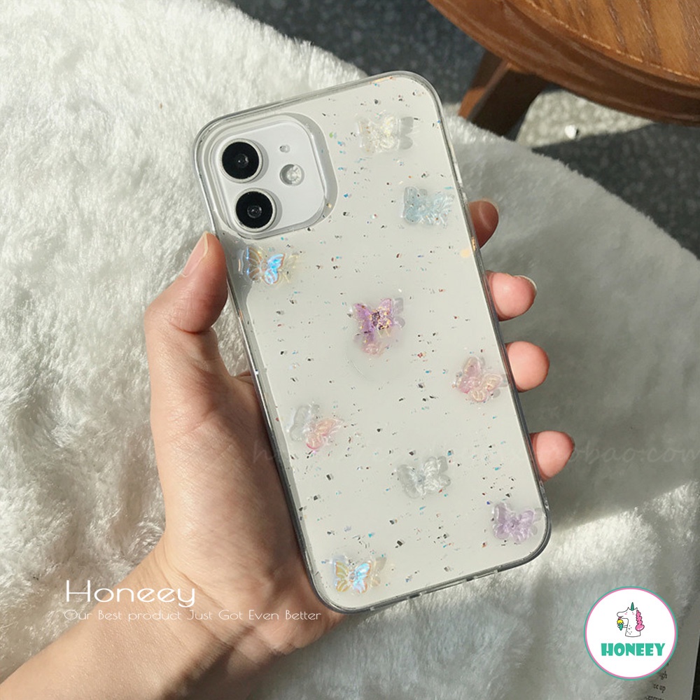 Soft Case TPU Motif Kupu-Kupu 3D Glitter Sequin Bumper Anti Slip Untuk IPhone 14 13 12 11 Pro Max X XS XR 8 7 Plus