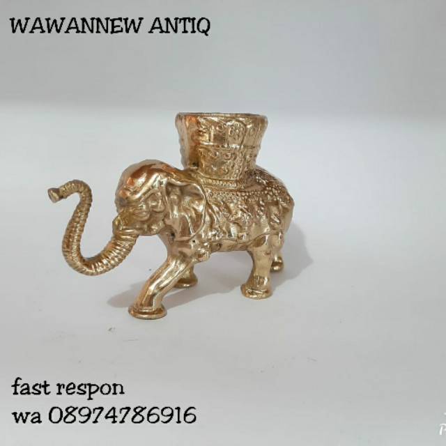 Tempat Pensil Spidol / Miniatur Pajangan Meja Lemari Kuningan Motif Gajah Ukir 12.5cm