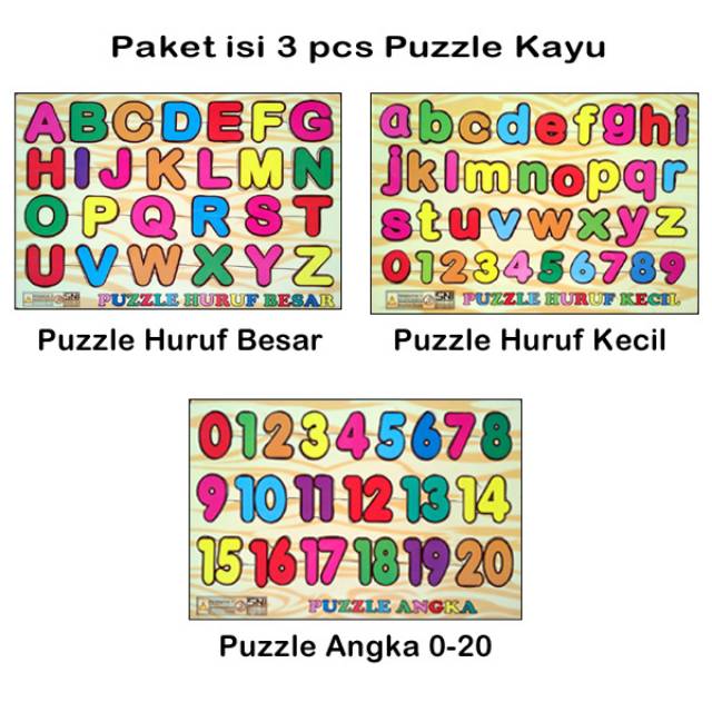 Paket Puzzle Huruf Besar Huruf Kecil Angka - Mainan Edukasi Kayu murah isi 3 Puzzle ber SNI