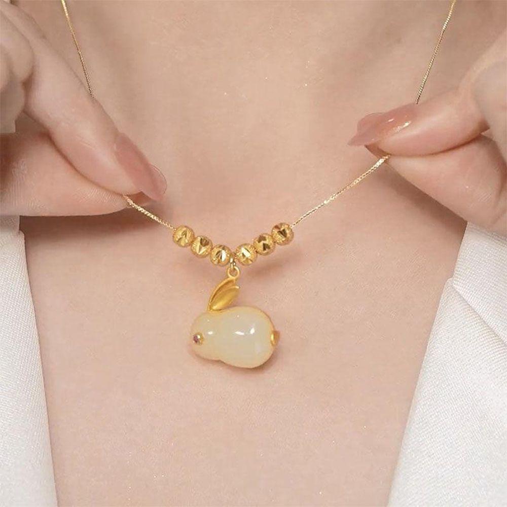 Mxbeauty Kalung Manik-Manik Giok Desain Kelinci Bulan Elegan Untuk Wanita