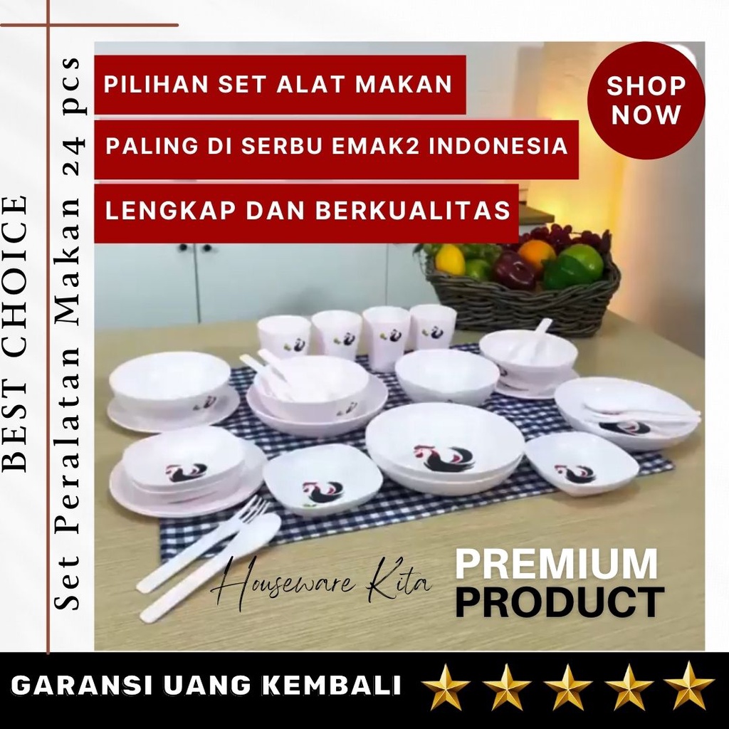 Piring Plastik Tempat Makan Eko Mantul Dinner Set Peralatan Makan isi 24 pcs Ayam Jago