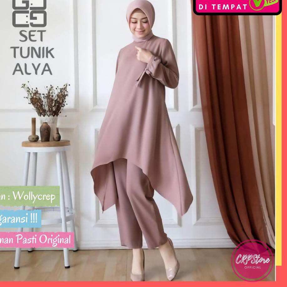 Mall DGS004 ✅ COD Baju Setelan Tunik Celana Panjang Wanita Muslim Dewasa Set Tunik Alya Polos Terbar