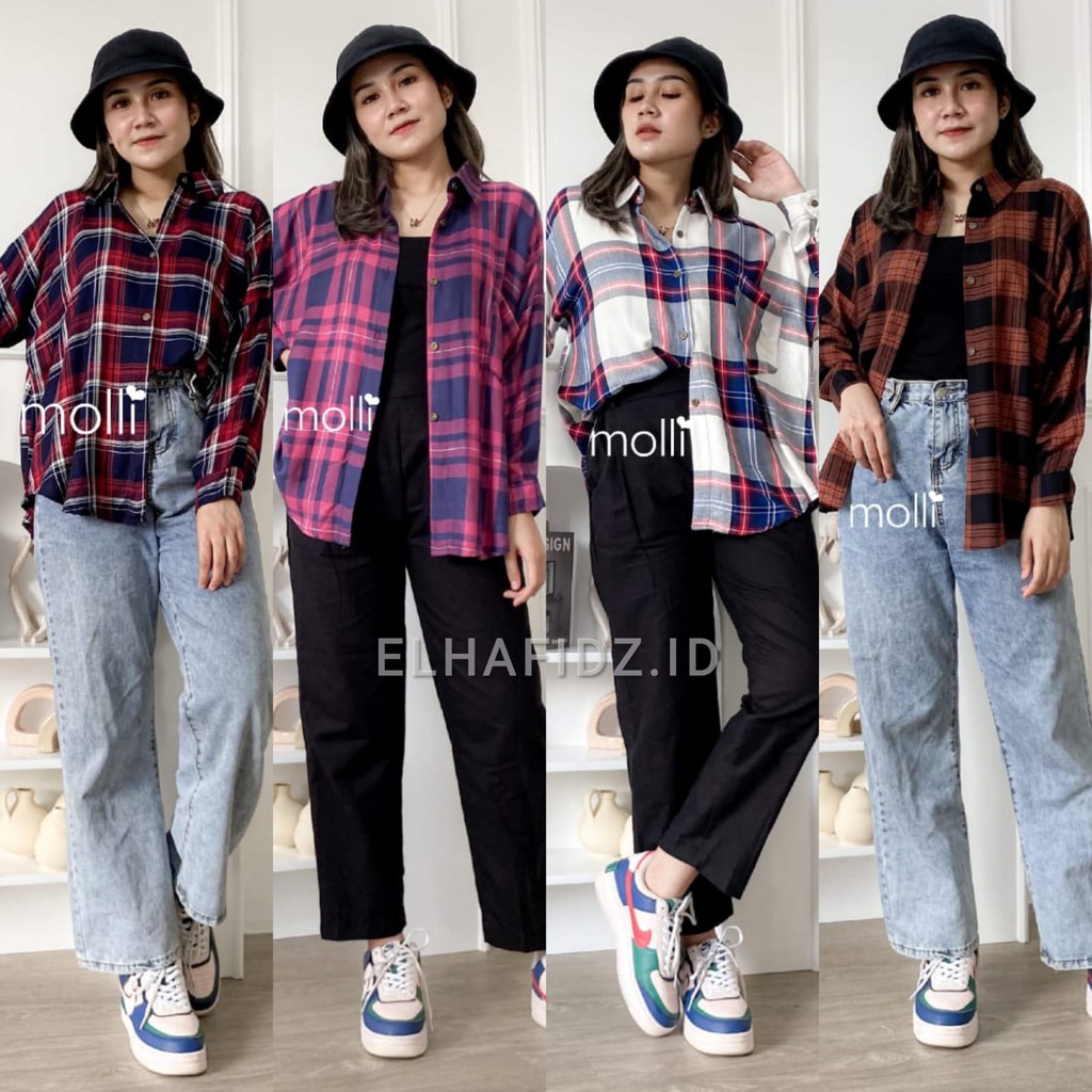 Molli Jilo Shirt Kemeja Flanel Jumbo Lengan Panjang Motif Kotak / Atasan Wanita Oversize LD 130