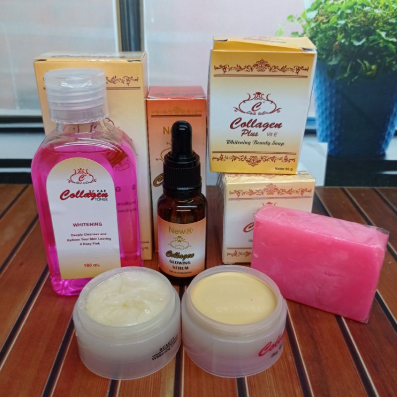 PAKET COLLAGEN GLOWING 5IN1 | SABUN, TONER, SERUM new r, CREAM SIANG MALAM