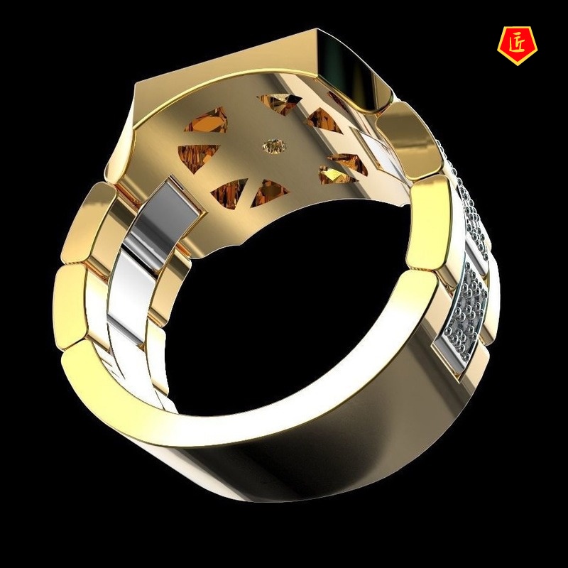 [Ready Stock]Men's Moissanite Watch Shape Ring Gold Two-Tone