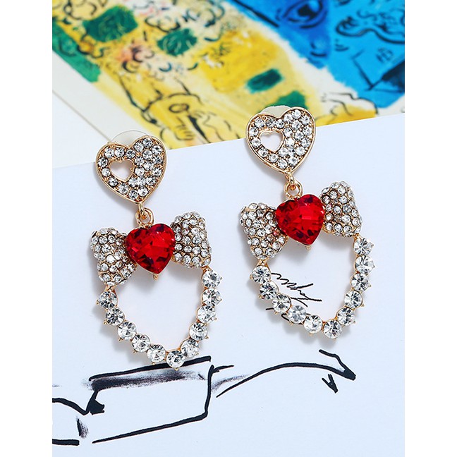 LRC Anting Tusuk Fashion Red Openwork Love Diamond Stud Earrings F40664