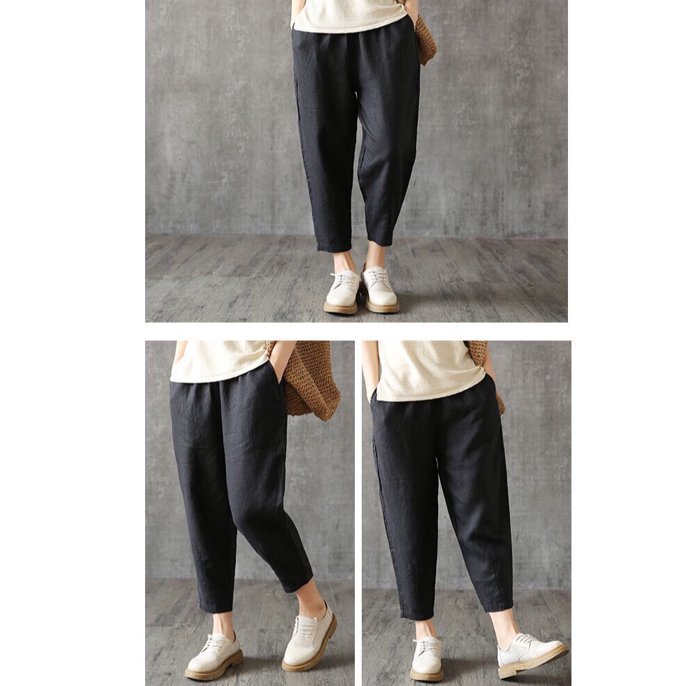 Celana Wanita Katun Linen Soft Warna solid Longgar Harem Women Casual Pants Celana 7/8