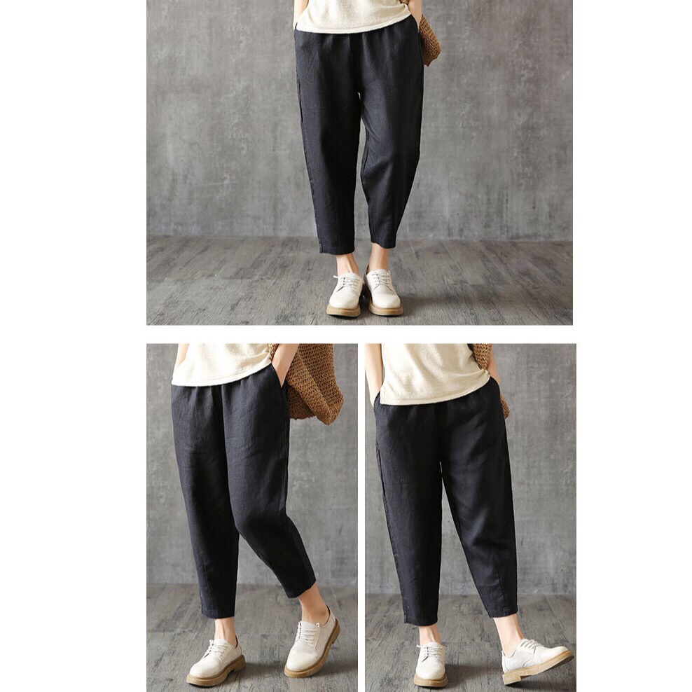 Promosi!Ready M-4XL Celana Dipotong Wanita Katun Linen Soft Warna solid Longgar Harem Women Casual Pants