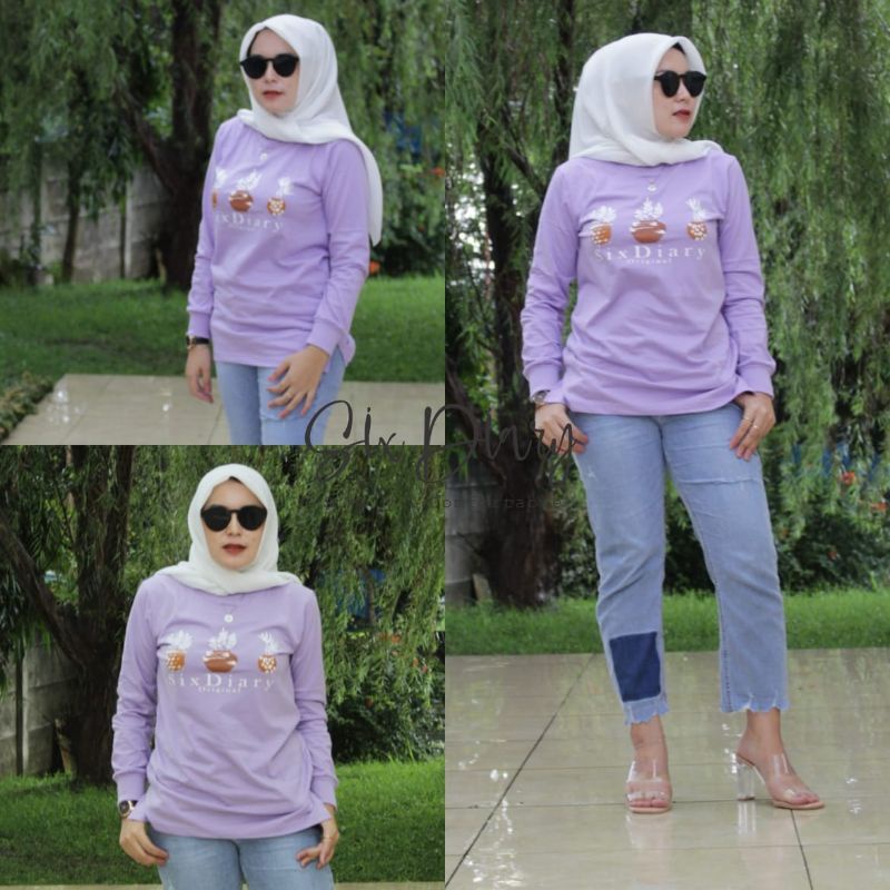 Baju Fashion wanita / Atasan Wanita /  Kaos Lengan Panjang Wanita Six Diary Motif Lilac / Style Zlq