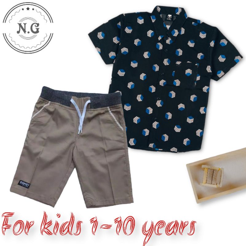 Setelan Anak Laki Laki Kemeja Pendek Motif Umur 1-10 Tahun Stelan Anak  Cowok Tanggung
