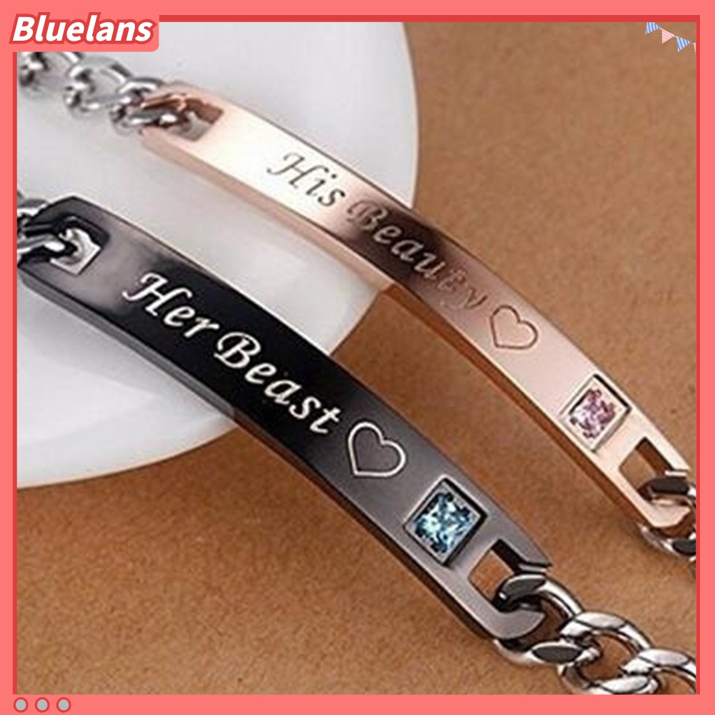 Gelang Pasangan Bahan Titanium Steel Motif Tulisan Her Beast King His Beauty Queen