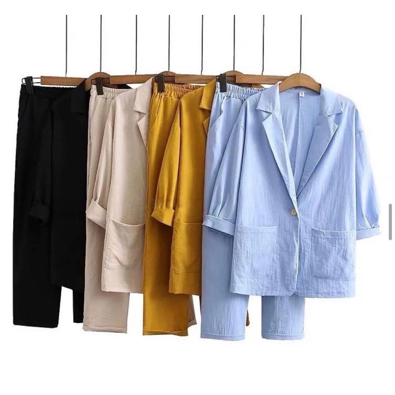Seyhu set ( Blazer + Celana )Linen crinkle import