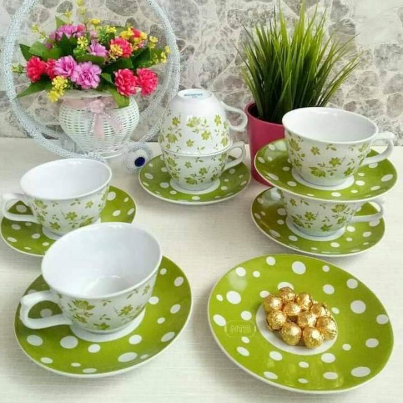 Gelas Set Tatakan KOPIN / Cangkir 6set Kopi teh / Gelas Cangkir Two Tone Motif