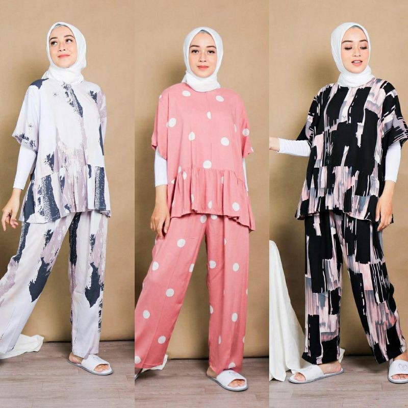 BAJU WANITA SETELAN PIYAMA RUMAHAN ATASAN BAWAH KATUN RAYON SETELAN CELANA