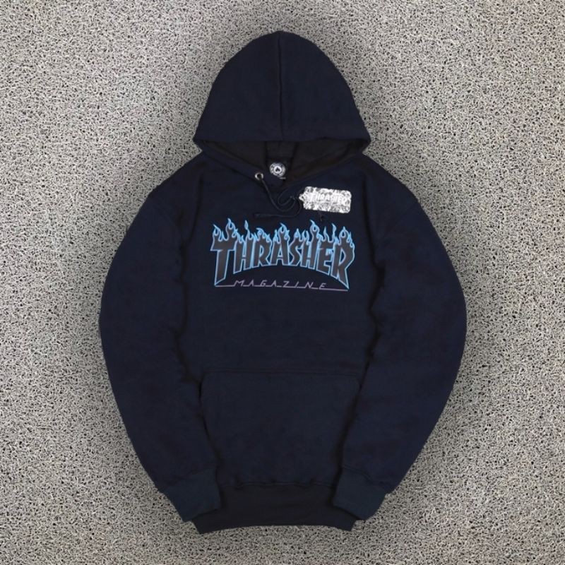 HOODIE THRASHER FLAME MAGAZINE BLUE LOGO FIRE MIDDLE PRINTED BLACK