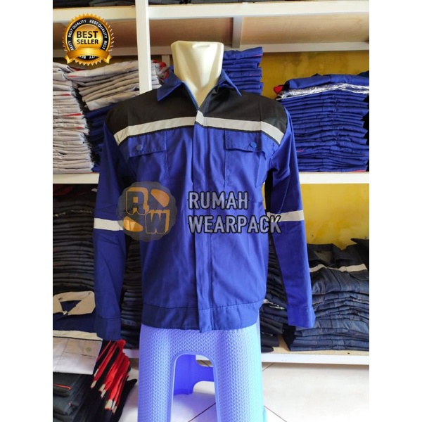 Baju Kerja/ Wearpack Proyek/ Seragam Kerja Atasan Biru Benhur Hitam