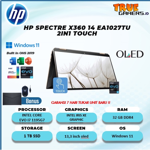 HP SPECTRE X360  TOUCH OLED EVO I7 1195G7 32GB 1TBSSD IRISXE W11+OHS 13.9