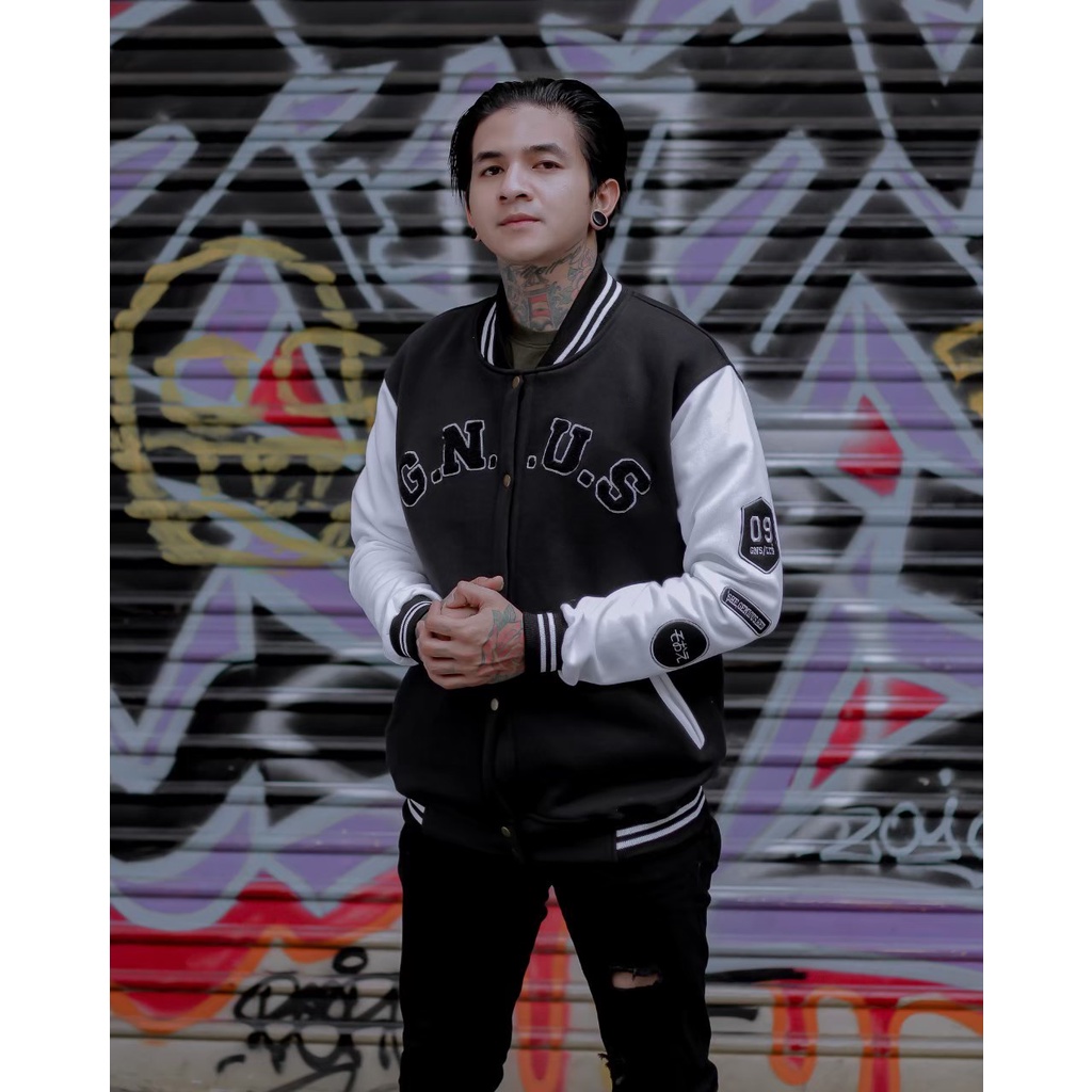 Varsity Jacket GNUS  Full Bordire - Jaket Bassebal Pria - Black-