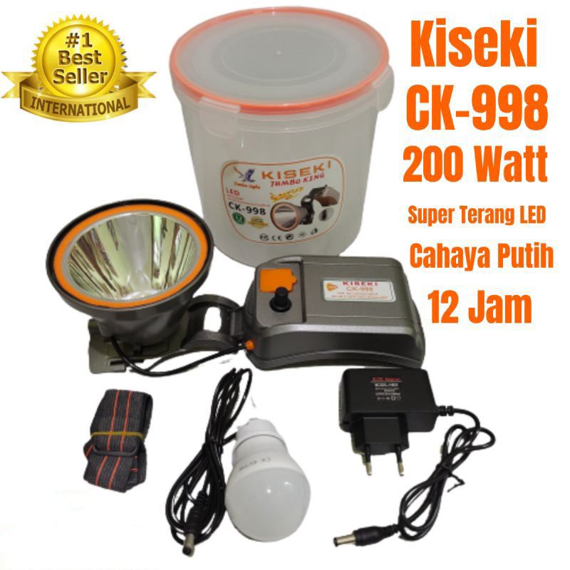 Senter Kepala LED Super Terang Kiseki 200 Watt CK-998 Jumbo King Bonus Bohlam LED Senter Kepala Cas