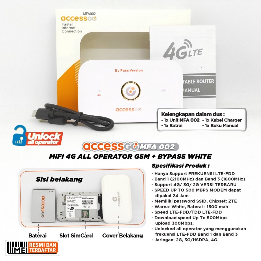 Modem MIFI AccessGo MF002 4G LTE WIFI Hotspot GSM By Pass Version