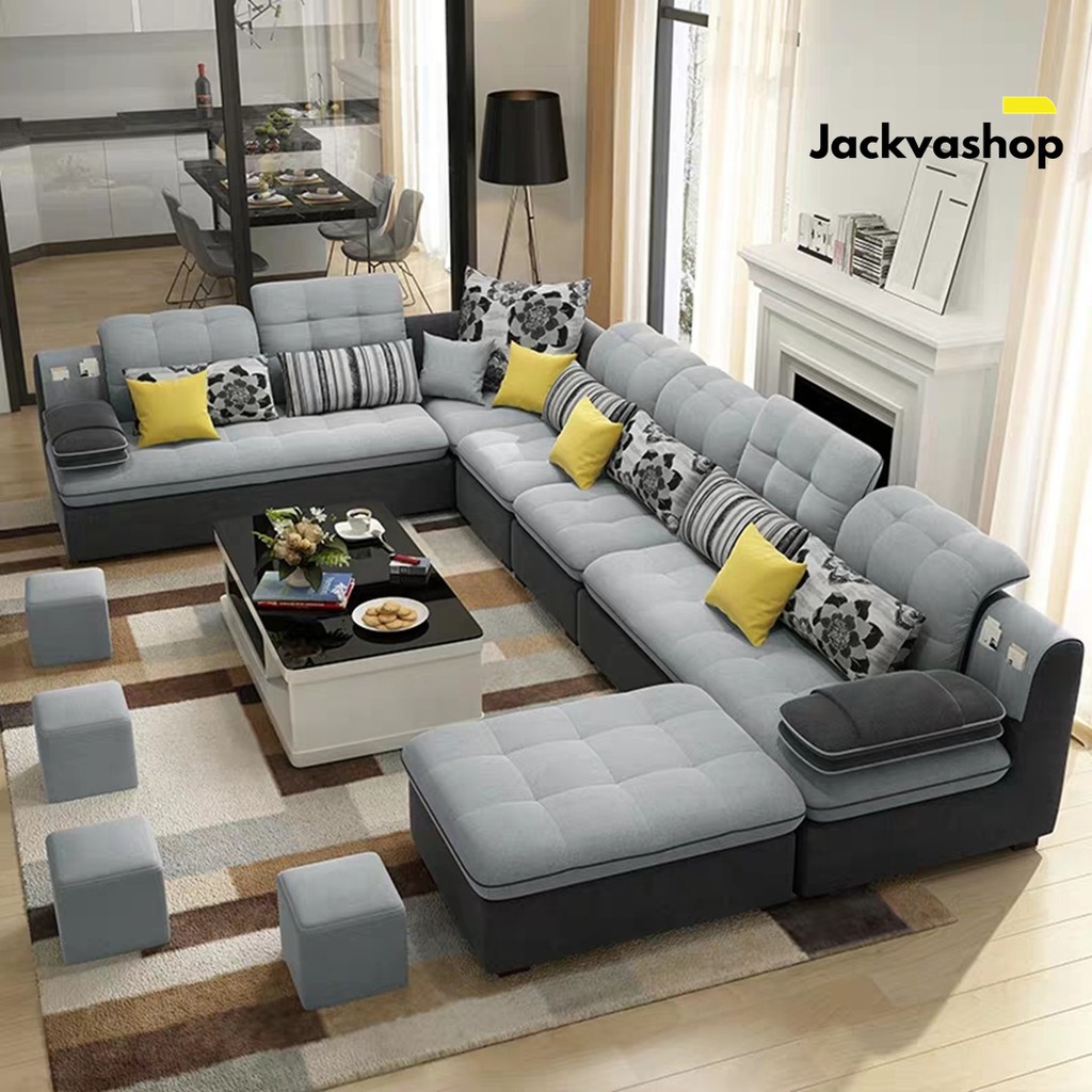 Sofa Minimalis modern Ruang Tamu Lengkap Dengan Kursi Puff Dan Meja