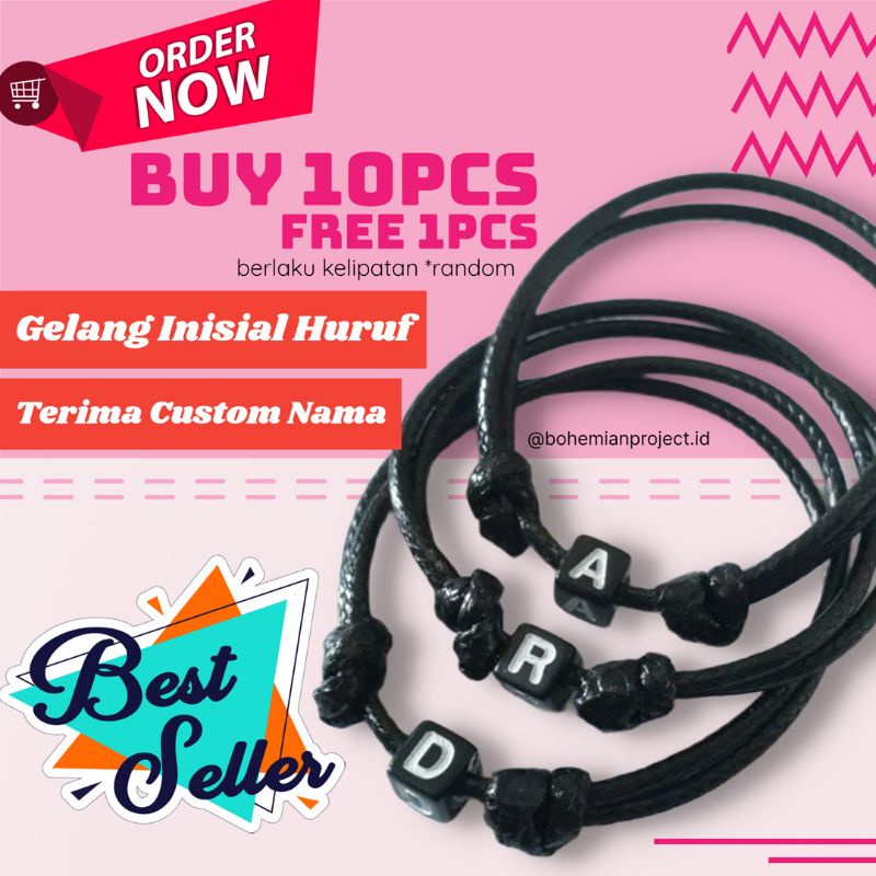 10.10 GELANG HURUF TALI KULIT KOREA | GELANG NAMA PREMIUM | GELANG INISIAL HURUF A - L KOTAK HITAM TALI KULIT KOREA 2MM TERMURAH BANDUNG | RESELLER, ECER, GROSIR | READY STOCK | MIN.ORDER 10PCS FREE AKSESORIS ini