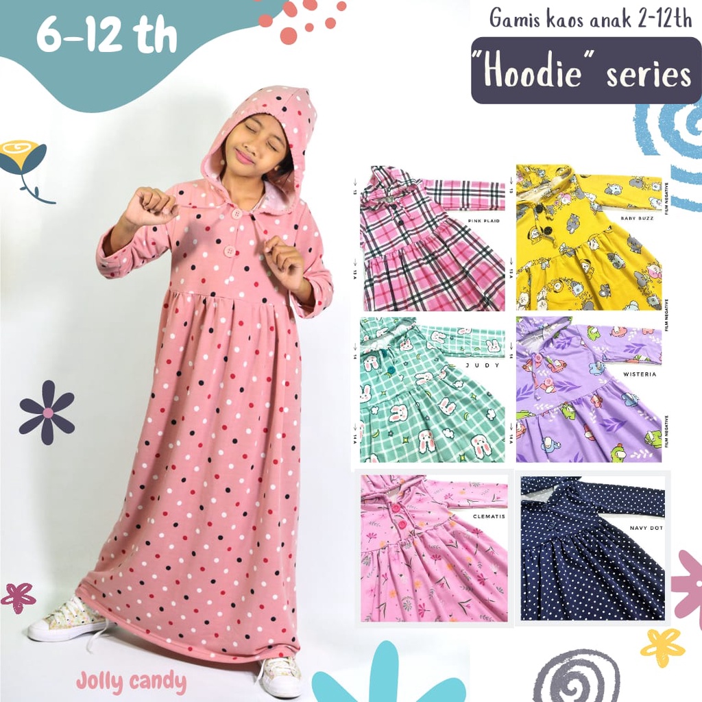 GAMIS KAOS ANAK 6-12 th (HOODIE series)/ GAMIS ANAK HARIAN (BAHAN KAOS SEDANG-TEBAL)