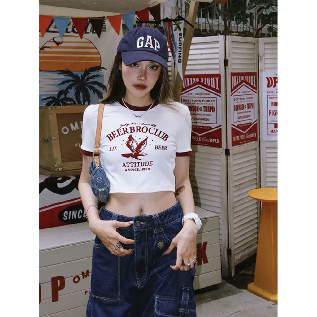 BeerBro American retro ketat warna kontras manset kerah lengan pendek T-shirt hot girl cropped pusar