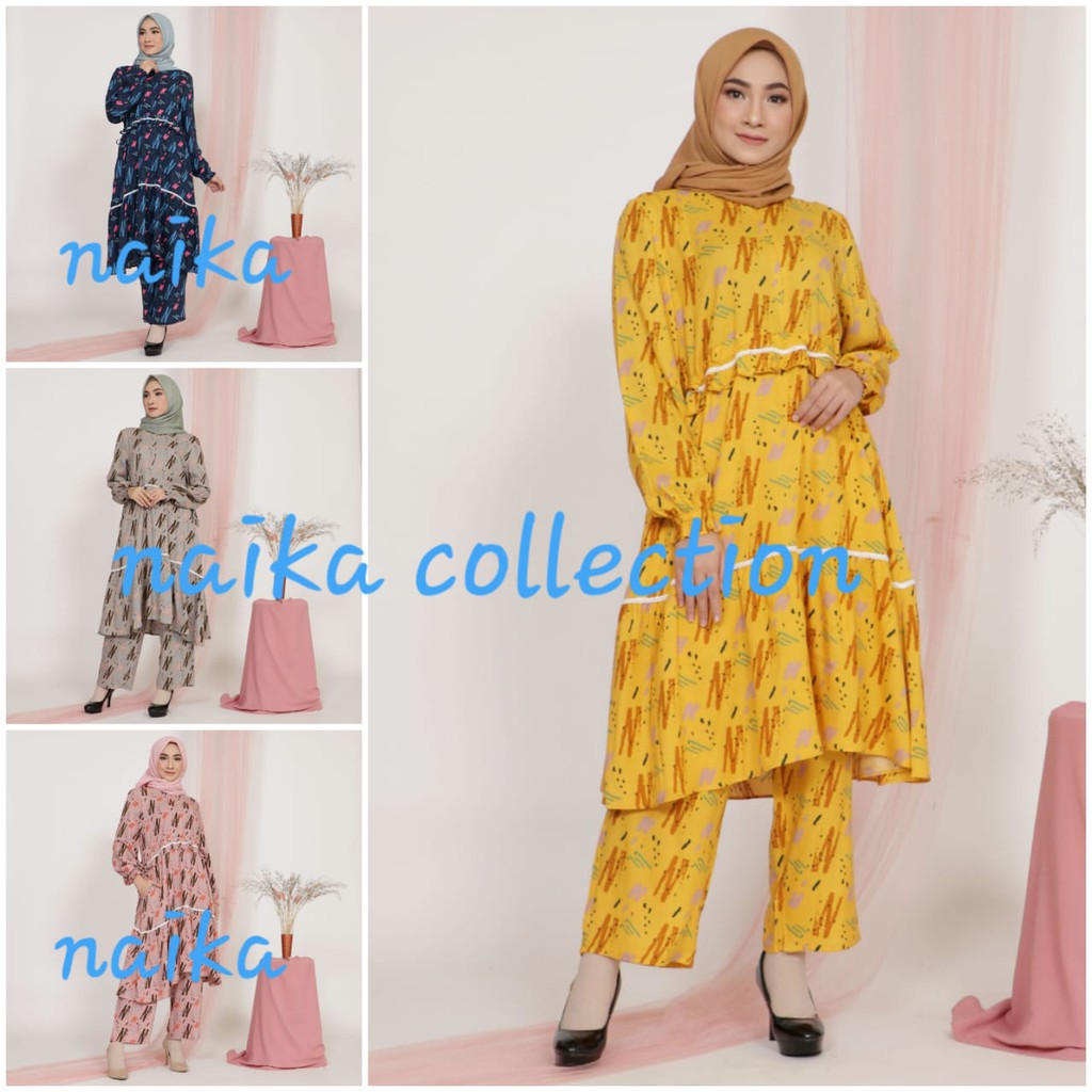 setelan celana tunik  rayon viscose motif  tinta abstrak  