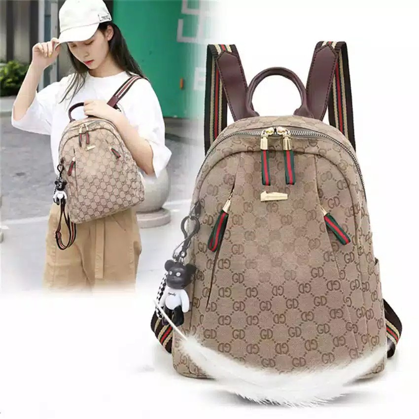 Tas Wanita Tas Ransel Wanita Kanvas Mocca Motif Huruf Free Gantungan Lucu Backpack Multifungsi