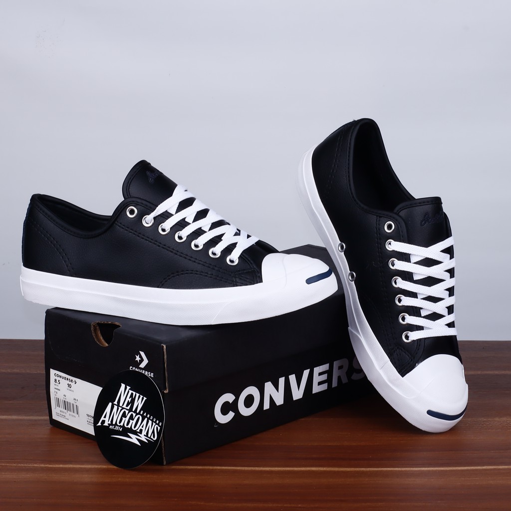 (Bonus Kaos Kaki+Tali) Sepatu Converse Al Star Jack Purcell Leather Kulit Black White Hitam PutihLow
