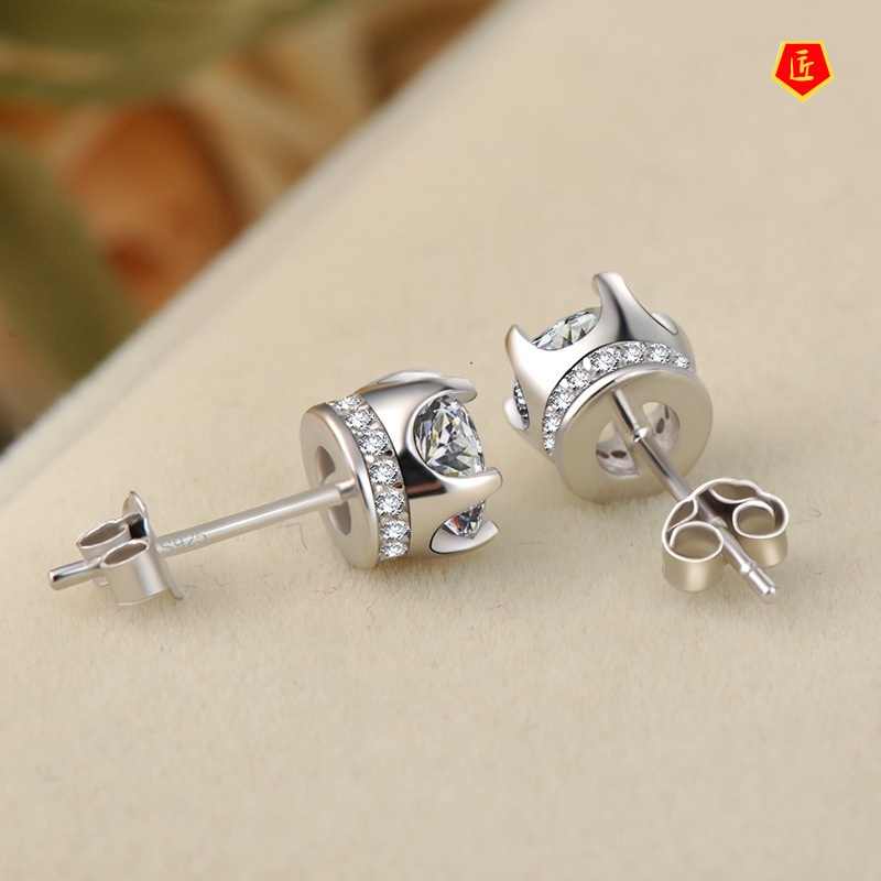 [Ready Stock]Silver Fashion Ladies Crown Full-Jeweled Stud Earrings