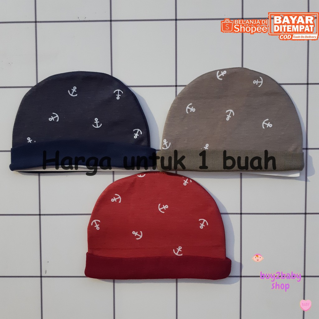 Topi bayi model bulat dan tali motif Jangkar Vinata 0-3 Bulan isi 1 PCS