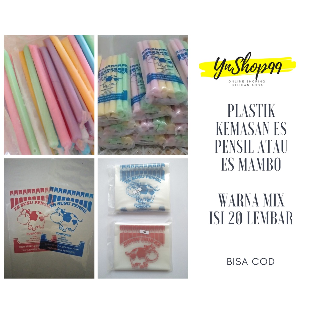 PLASTIK KEMASAN ES PENSIL DAN MAMBO SABLON GAMBAR SAPI TERMURAH ISI 20 LEMBAR
