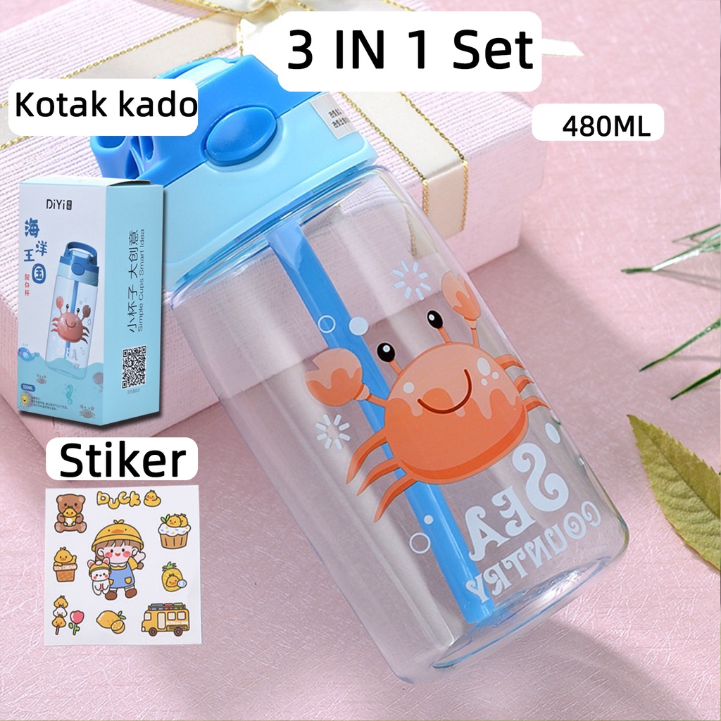 Botol Minum Anak Desain Unik Variasi Motif Karakter terdapat Sedotan BPA FREE bottol minum sedotan cangkir jerami cangkir plastik lucu cangkir kartun portabel 480ML 1000ML-crab 3 IN 1