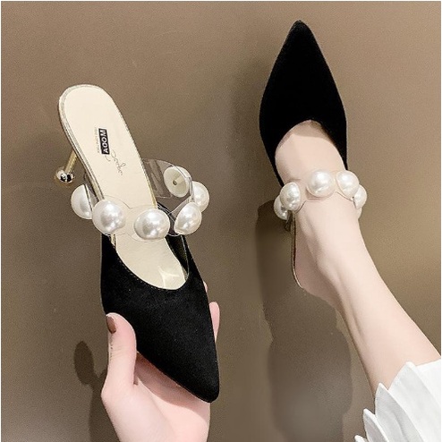 hak tinggi Heels mutiara wanita IMPORT kekinian model terbaru 520 hitam mutiara